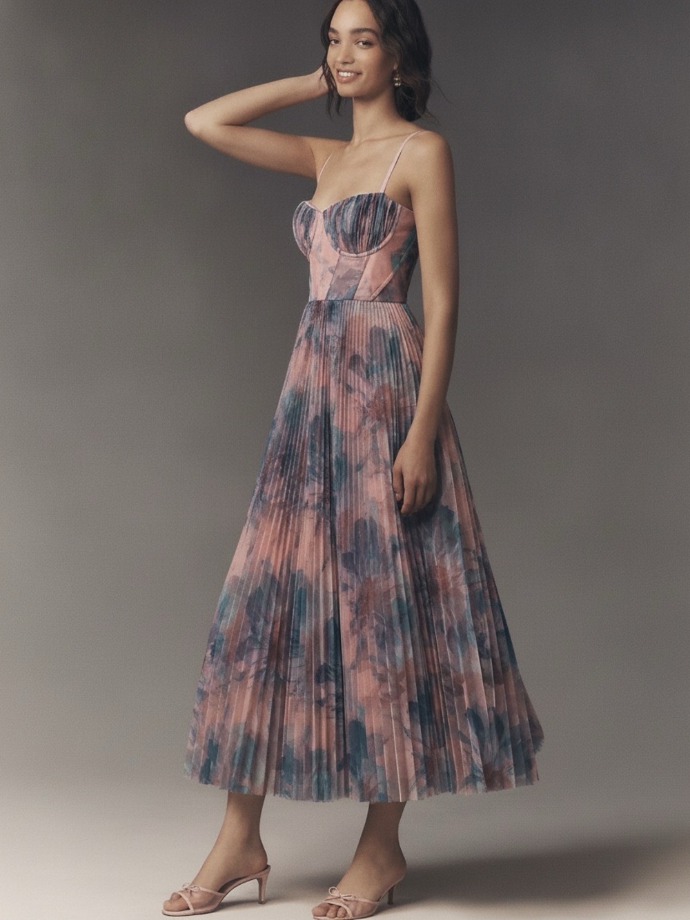 Hutch Amara Corset Pleated Tulle Fit & Flare Midi Dress Pink Floral Fairy Sz 0